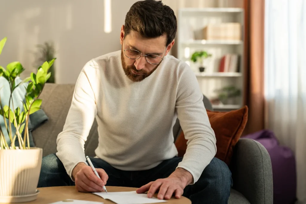 Un homme qui écrit une lettre sur une feuille blanche