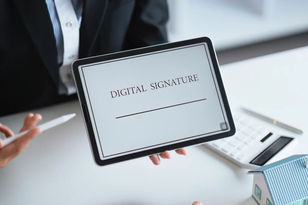 Un homme qui tient une tablette avec la mention digital signature