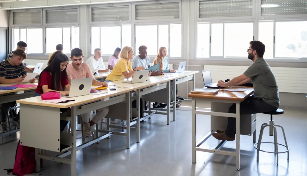 Une salle pleine d'élèves et un formateur