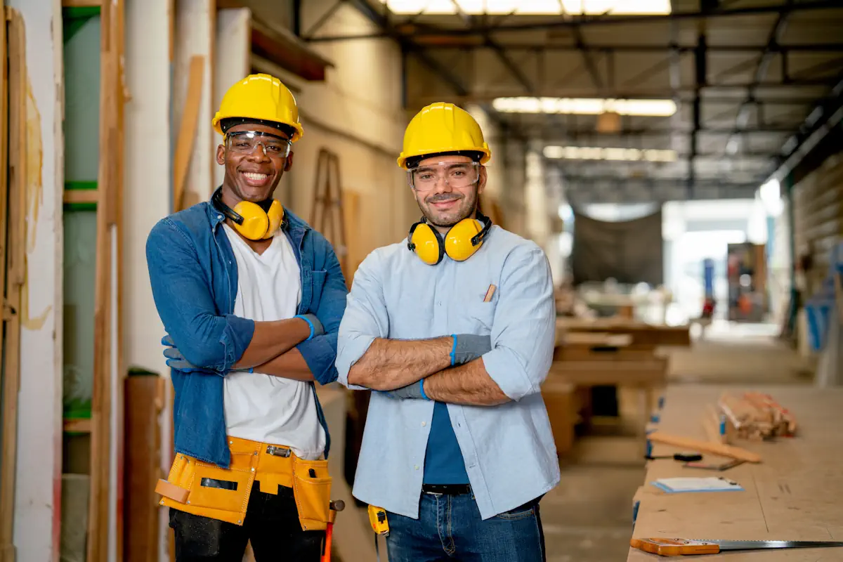 deux jeunes hommes avec des casques jaune et des chemises 